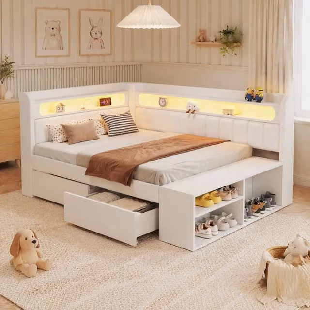 Letto da giorno imbottito ULEVR 90x200 cm con LED a 7 colori, USB, 2 cassetti e scarpiera, bianco