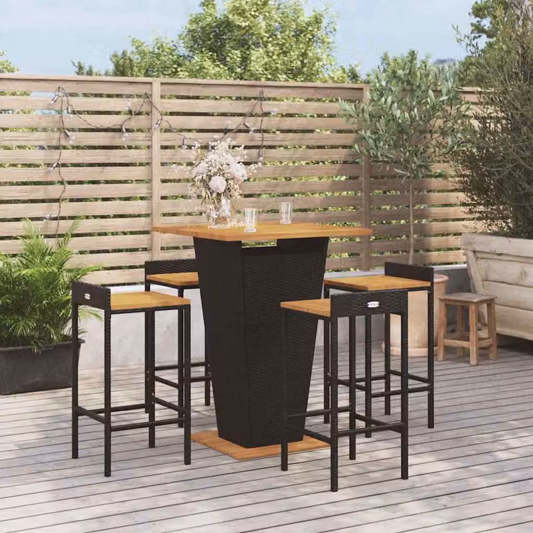 Set Bar da Giardino vidaXL in 5 Pezzi Nero con Polyrattan e Legno di Acacia Oliato