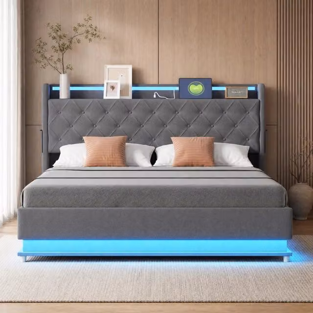 Letto matrimoniale 160x200 cm grigio con LED, USB e vano contenitore idraulico , senza materasso