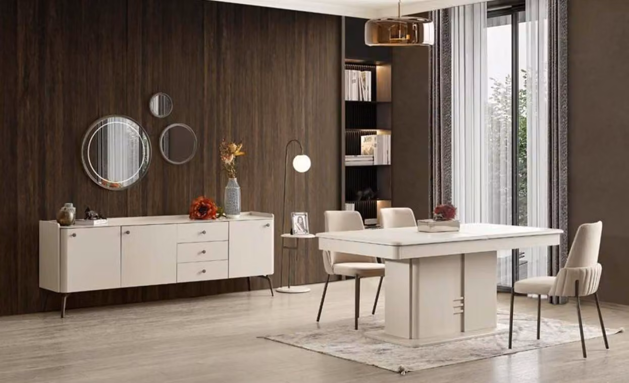 Weiße Esszimmer Garnitur Designer Essgruppe 6x Polsterstühle Anrichte