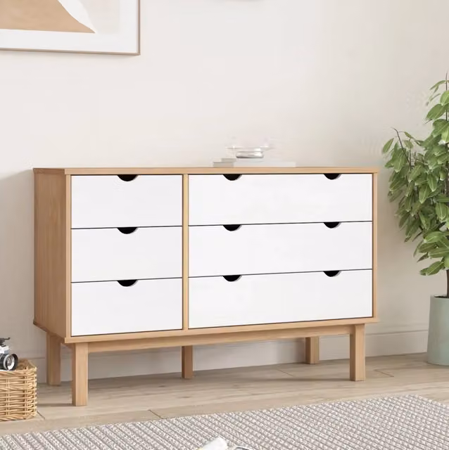 Cassettiera OTTA vidaXL in legno di pino, stile scandinavo, Marrone e Bianco, L: 111 cm, P: 43 cm, H: 73,5 cm