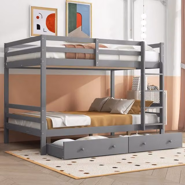 Letto a castello 140 x 200 cm per bambini con cassetti e contenitore, spondine alte - Grigio