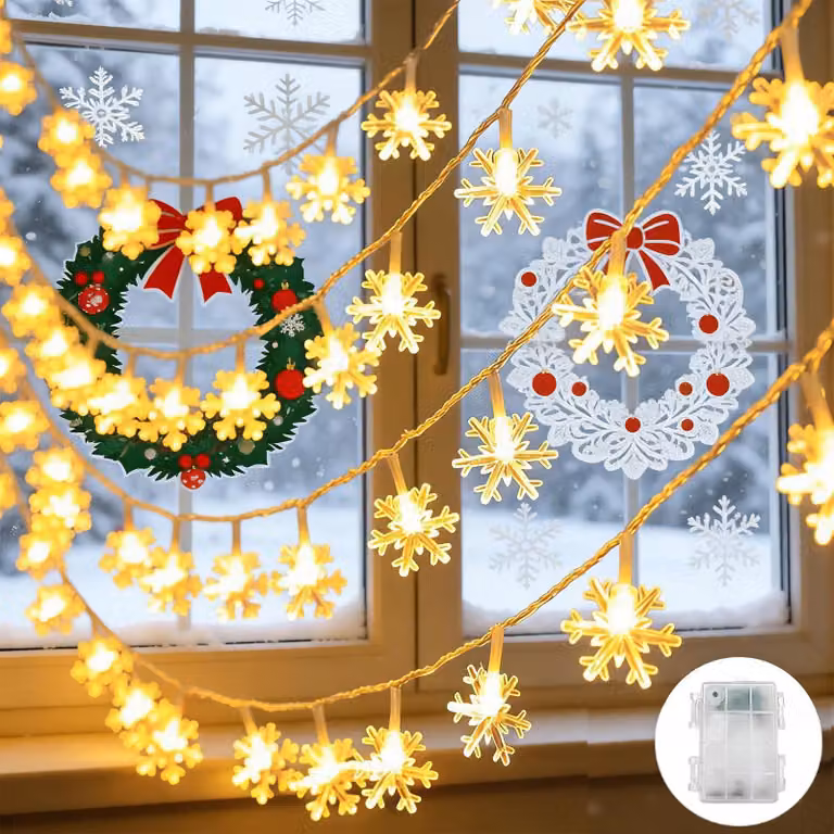Catena luminosa a forma di fiocchi di neve, 4 metri, 20 LED, luce bianco caldo, alimentazione a batteria