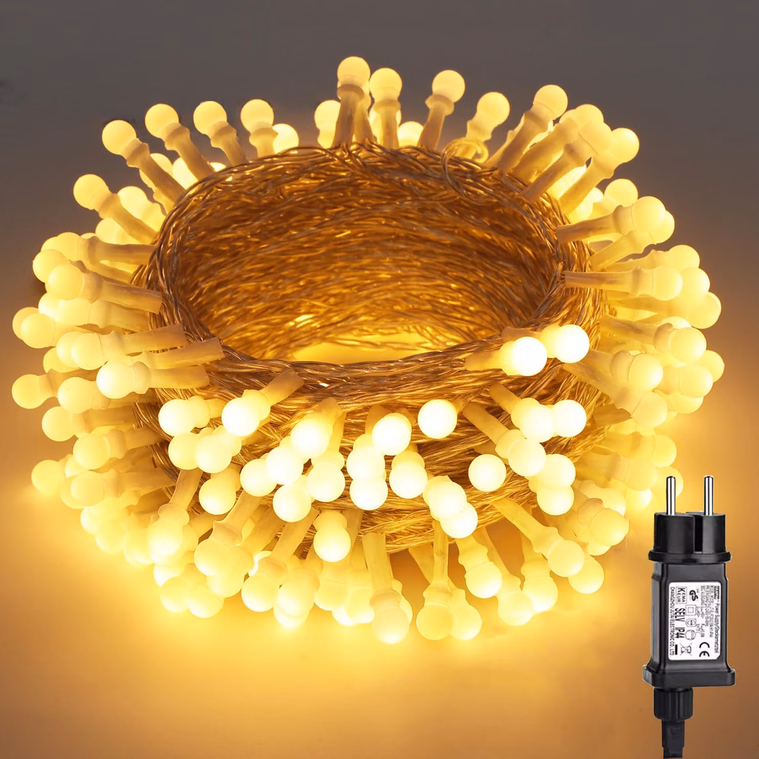 Catena luminosa con 200 mini-lampadine a forma di globo, lunghezza 20 metri, luce bianca calda, grado di protezione IP44, 8 modalità, timer