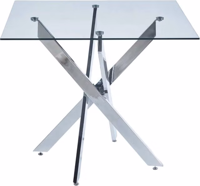 Tavolo da pranzo quadrato con piano in vetro temperato e gambe incrociate in metallo cromato 80x80x75 cm