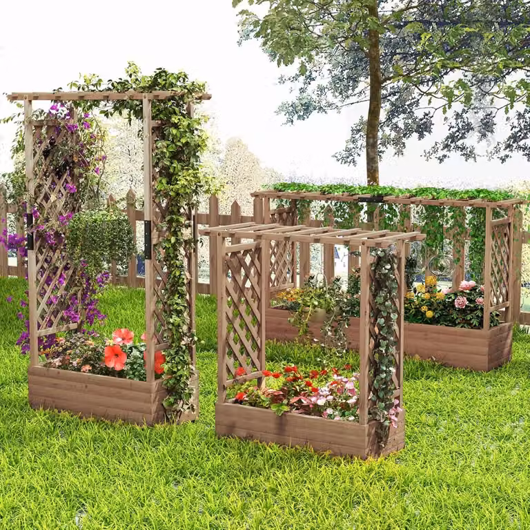 Fioriera rialzata da giardino Costway con grigliato per piante rampicanti, Aiuola verticale in legno Marrone, L: 110 cm, P: 44 cm, H: 182 cm