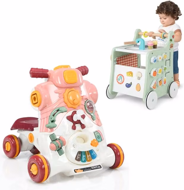 Centro attività 6 in 1 e carrellino primi passi in legno multicolore per bambini dai 6 ai 36 mesi