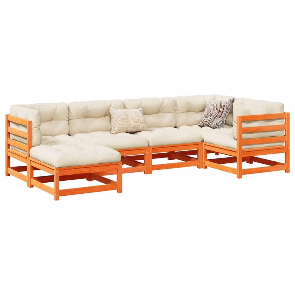 Set di divani da giardino vidaXL in legno massello di pino con cuscini, composizione a L marrone e beige, 6 pezzi