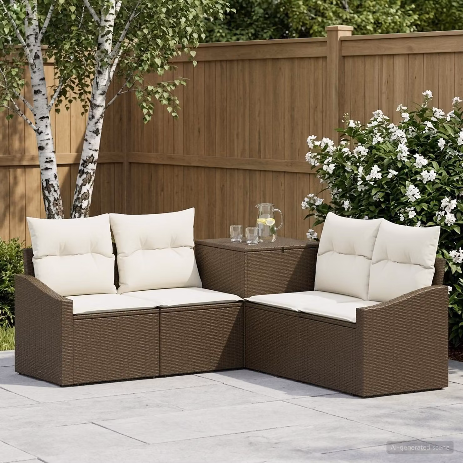 Set di divani da giardino a L vidaXL in polyrattan marrone e bianco crema con cuscini inclusi