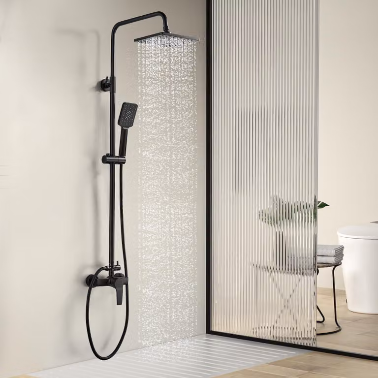 Sistema doccia nero, regolabile in altezza da 110 a 145 cm, soffione a pioggia 21x21 cm
