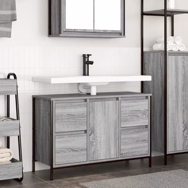 Mobile Lavabo Moderno vidaXL Grigio con Cassetti e Ripiani L: 90 cm, P: 34,5 cm, H: 60 cm