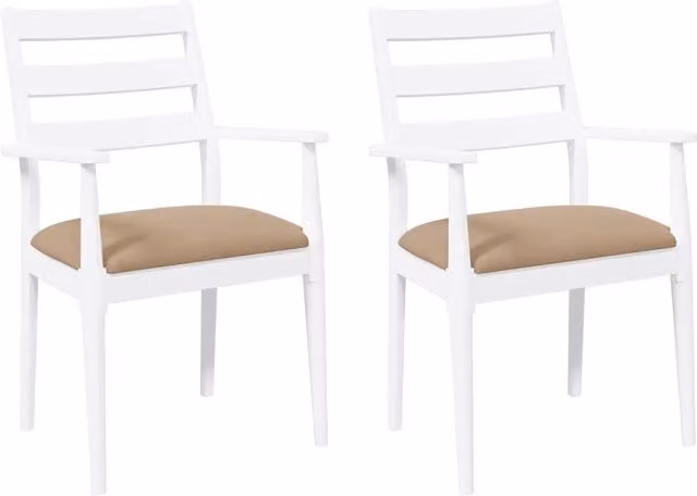 Set di 2 sedie da pranzo moderne in legno di Hevea bianco e marrone con braccioli e seduta in tessuto