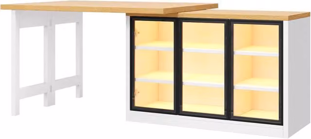 Tavolo da pranzo multifunzionale con mobile laterale girevole a 360°, sistema luci LED colorate, tavolo cucina allungabile bianco in MDF e vetro
