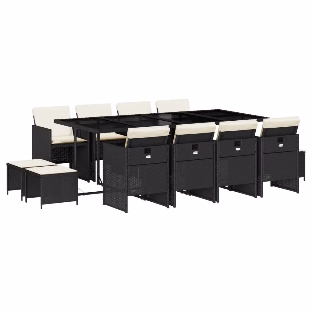Set da Pranzo da Giardino vidaXL in Polyrattan Nero con Cuscini e Tavolo in Vetro 13pz – 2