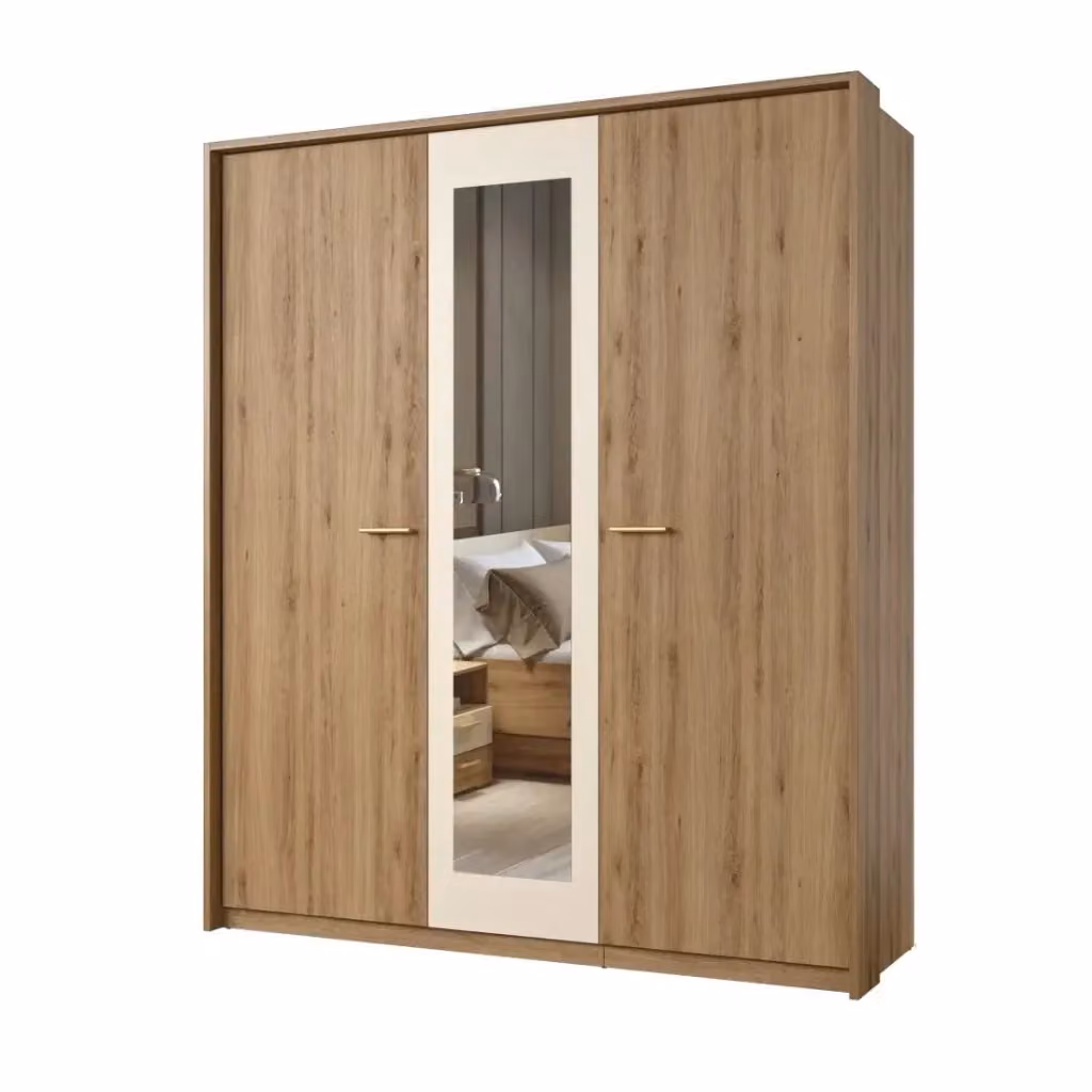 Camera completa VERTIGO Meublorama in legno effetto rovere wild oak, composta da letto 180x200 cm con doghe, 2 comodini, armadio a 3 ante e cassettiera, colore beige e marrone – 2