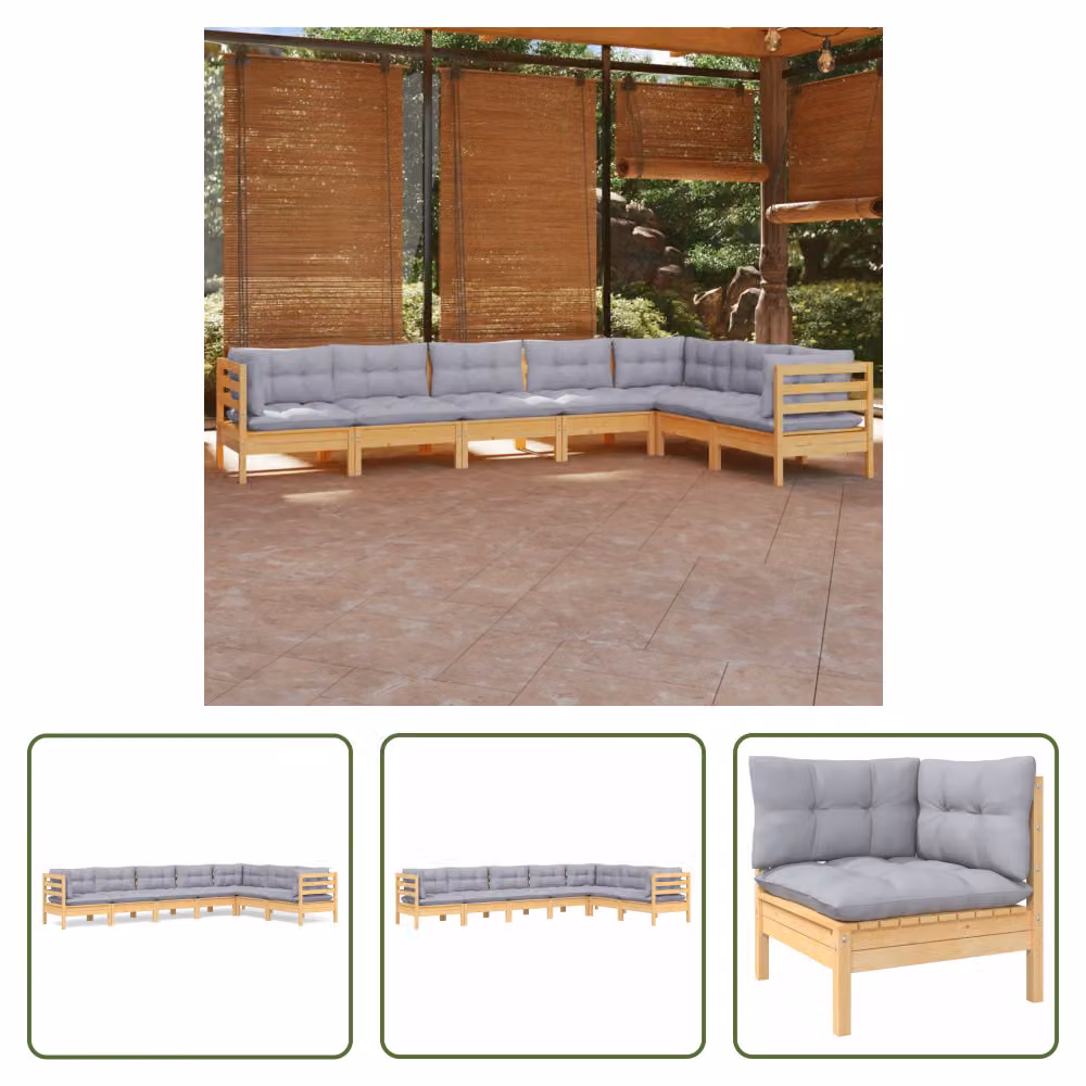 The Living Store Set da salotto da giardino 7 pezzi con cuscini grigi in legno di pino massiccio