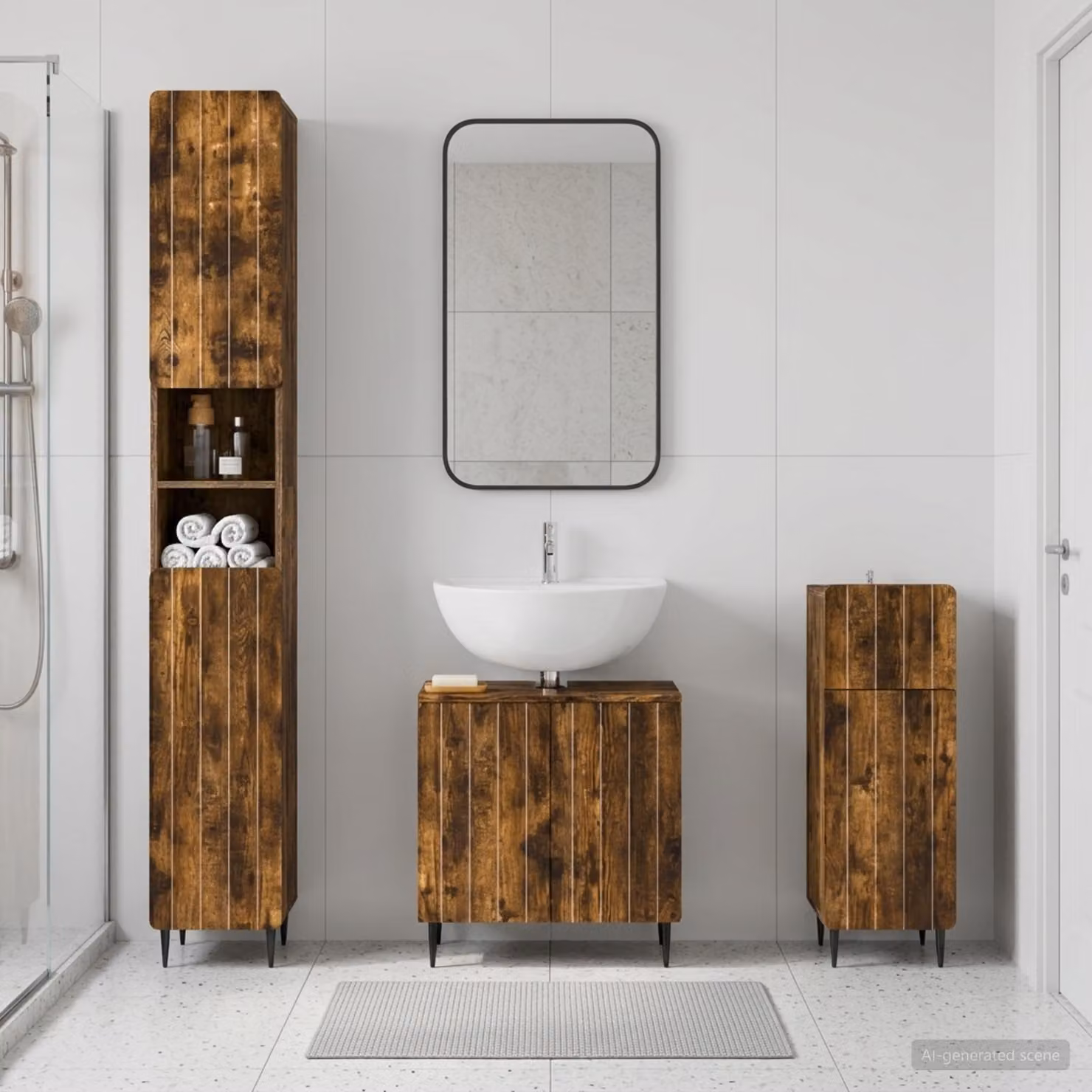 Set di 3 armadietti da bagno moderni vidaXL ZWOLLE in legno Rovere Fumo marrone, L/P/H: 48.55 x 30.0 x 190.0 cm, 31.0 x 30.0 x 190.0 cm e 31.0 x 30.0 x 190.0 cm