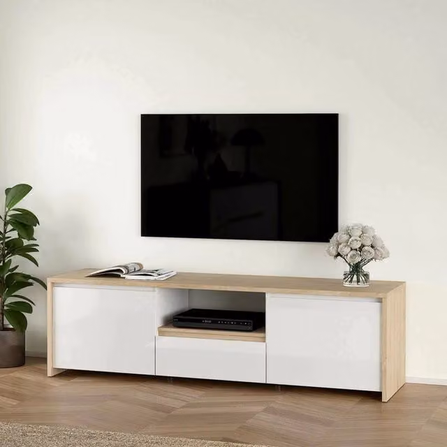 Mobile porta TV moderno DMORA in rovere e bianco lucido, Credenza da soggiorno con vani porta media, L: 178,6 cm, P: 48,1 cm, H: 51,8 cm – 1