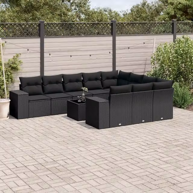 Set di Divani da Giardino vidaXL in Polyrattan Nero con Cuscini, Forma a U, 11 Pezzi