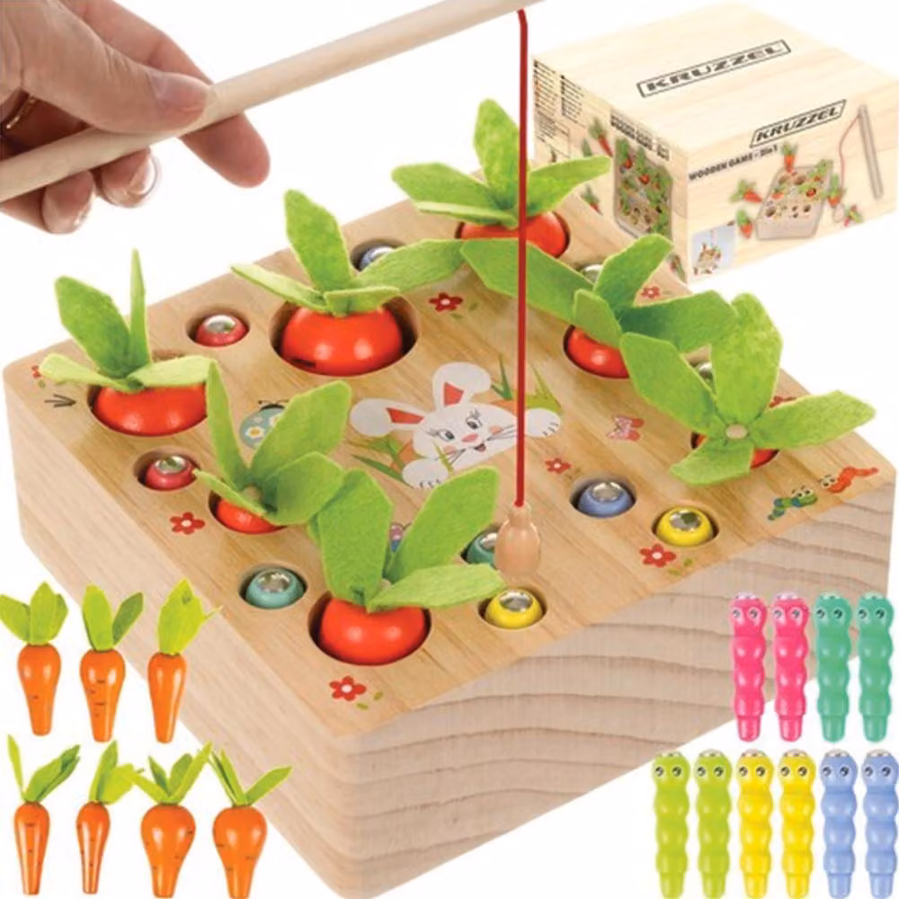 Gioco in legno, carote e vermi