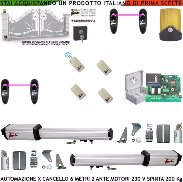 Kit Per Cancello Elettrico 6 Metri 2 Ante da 3 MT 2 Motori Elettromeccanici 230 V Corsa 500 mm Spinta 2 Q.li Sblocco Staffe 4 Radiocomandi 2 Coppie Fotocellule Faro Selettore 2 Ck Cartello Monitore