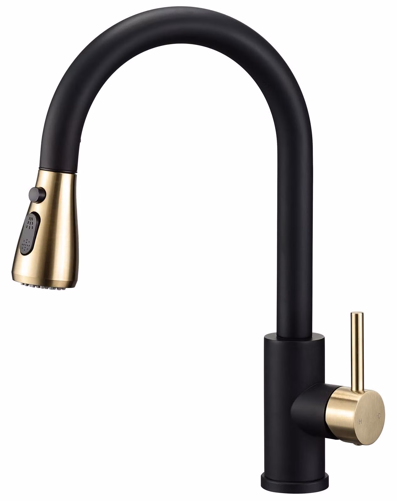 Miscelatore monocomando, ad arco alto, girevole a 360°, 3 modalità, nero/oro
