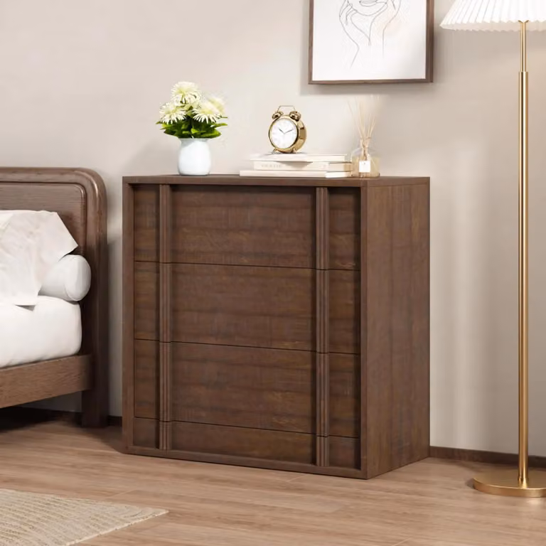Comodino in legno – Armadietto contenitore con 3 cassetti – Maniglie verticali – Stile moderno – Adatto per soggiorno, camera da letto e ingresso – Colore marrone rossastro
