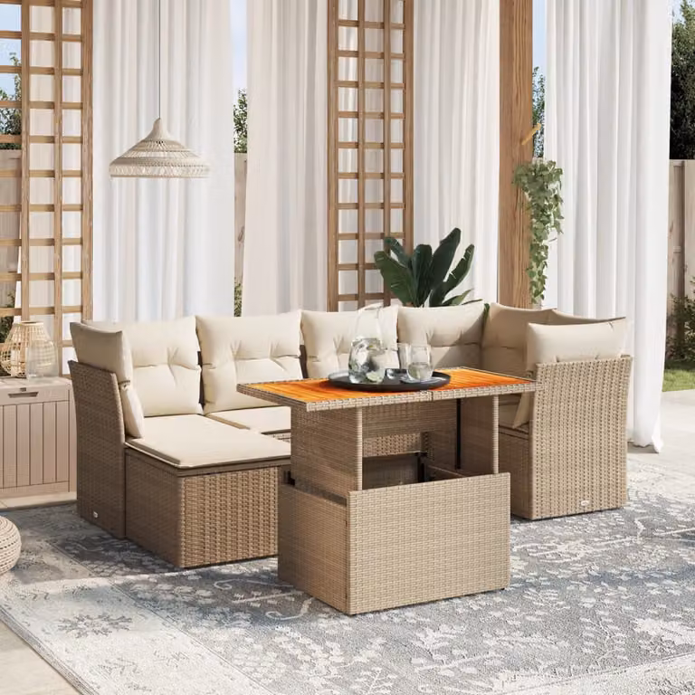 vidaXL Set Divani da Giardino 7 pz in Polyrattan con Cuscini Beige e Tavolino da Esterno