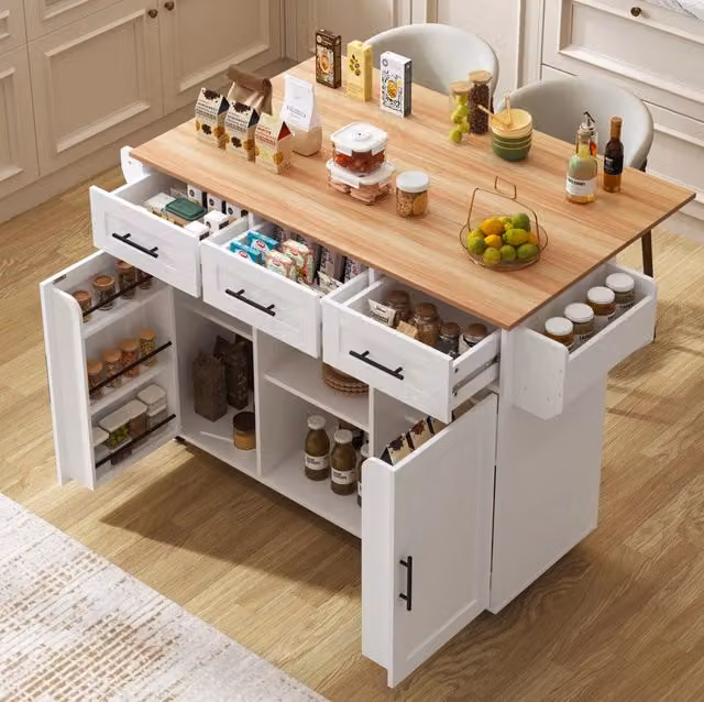 Carrello da cucina con piano ribaltabile e cassetti, bianco