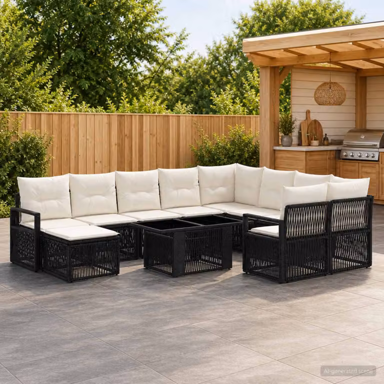 Set Divano da Giardino vidaXL 11 pz in Polyrattan Nero e Bianco Crema con Cuscini e Tavolino