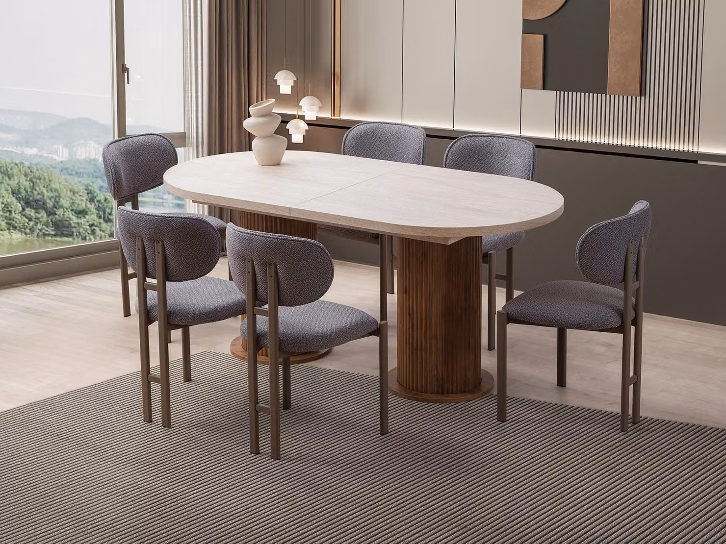 Skye Decor, tavolo da pranzo allungabile, travertino e noce, 180 x 90 cm (allungabile fino a 216 cm) | Piano in pannello di particelle di legno rivestito in melamina al 100%, spessore 18 mm | Design moderno, capacità di carico 100 kg.