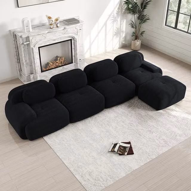Divano angolare 4 posti con chaise longue - Xylo - Imbottitura 32D, antiscivolo, modulabile, nero