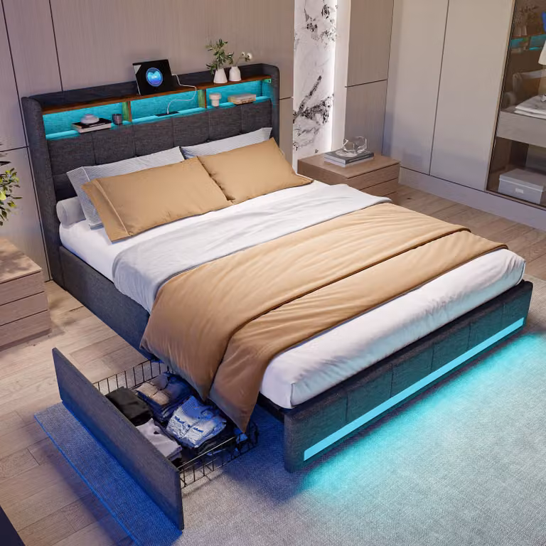 Letto imbottito 140x200 cm con illuminazione LED, porte USB e presa di corrente nella testata, 4 cassetti e spazio contenitivo sotto il letto, senza materasso