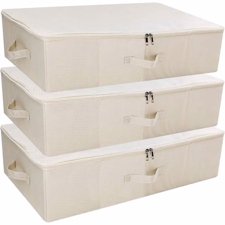 Contenitori pieghevoli per riporre sotto il letto, rigidi, organizer in tessuto, confezione da 3 pezzi, colore beige, dimensioni 70x40x18 cm