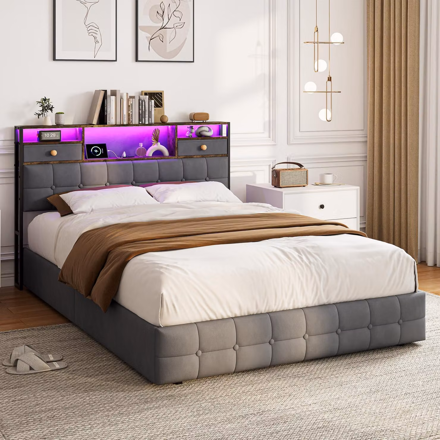 Letto imbottito REMZETTA, 140x200 cm, grigio, con LED, USB e Type-C, testiera con spazio contenitore e contenitore a cassetto integrato