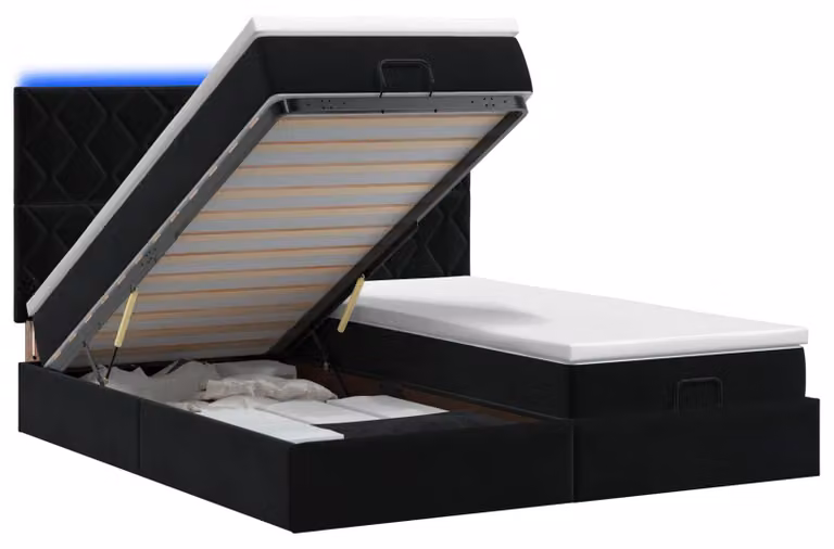 Letto ottomano con materasso e luci LED, nero, in velluto, 180 x 200 cm
