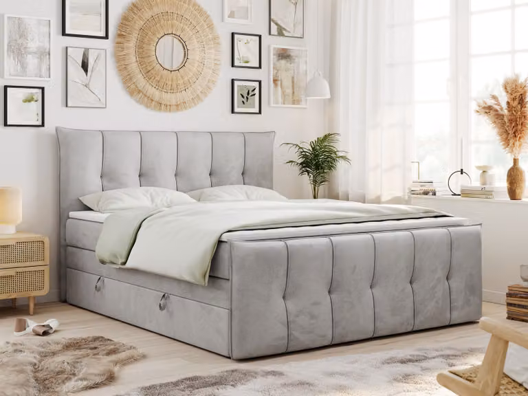 Letto boxspring King 160x200, Letto boxspring 160x200 con contenitore e materasso H3, letto imbottito 160x200 con materasso, letto 160x200 con contenitore, PREMIUM-11-KING - 160x200 - Grigio chiaro - Velvet - H3