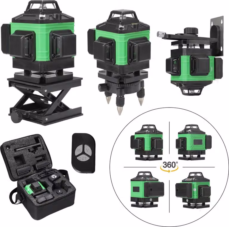 Livella laser - Dispositivo laser 4D con 16 linee, laser a croce - Autolivellante a 3° - Linee laser a 360° per pavimento e parete - Include treppiede e custodia in tessuto - Linea laser verde