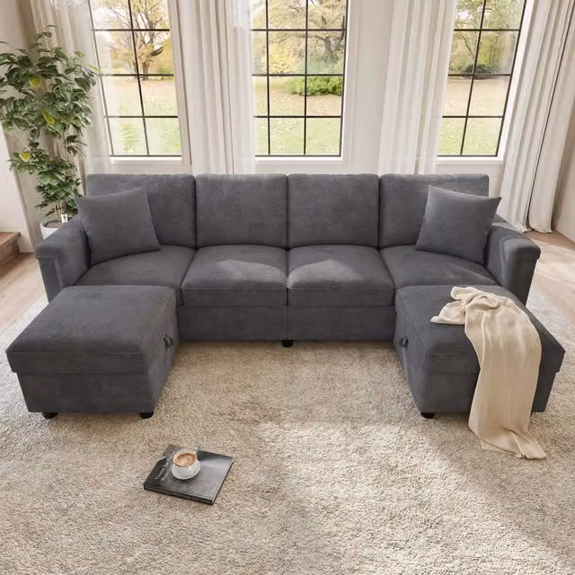 Divano modulare 6 posti con vano contenitore e porte USB-C, 2 pouf e cuscini, in ciniglia grigio, 261 × 134 × 82 cm