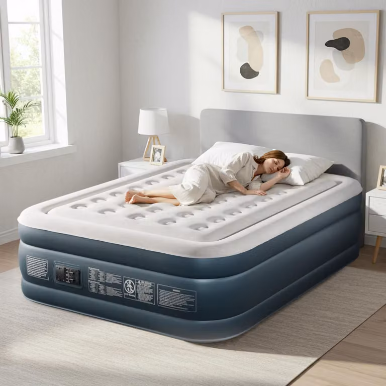 FCH Materasso gonfiabile 2 persone, materasso ad aria con pompa incorporata ，con morbido fliqué, per campeggio, casa, ospiti, 203 x 153 x 45 cm, bianco e grigio