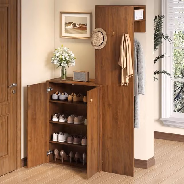 Set di mobili da ingresso con scarpiera guardaroba appendiabiti e ripiani regolabili in MDF noce 115 × 38;5 × 191;5 cm
