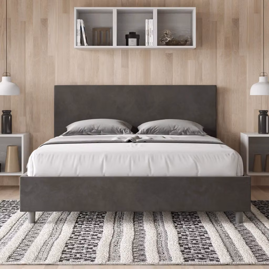 Letto Matrimoniale Adele Grigio con Contenitore e Rete con Alzata Imbottito in Microfibra L: 160 cm, P: 210 cm – 2