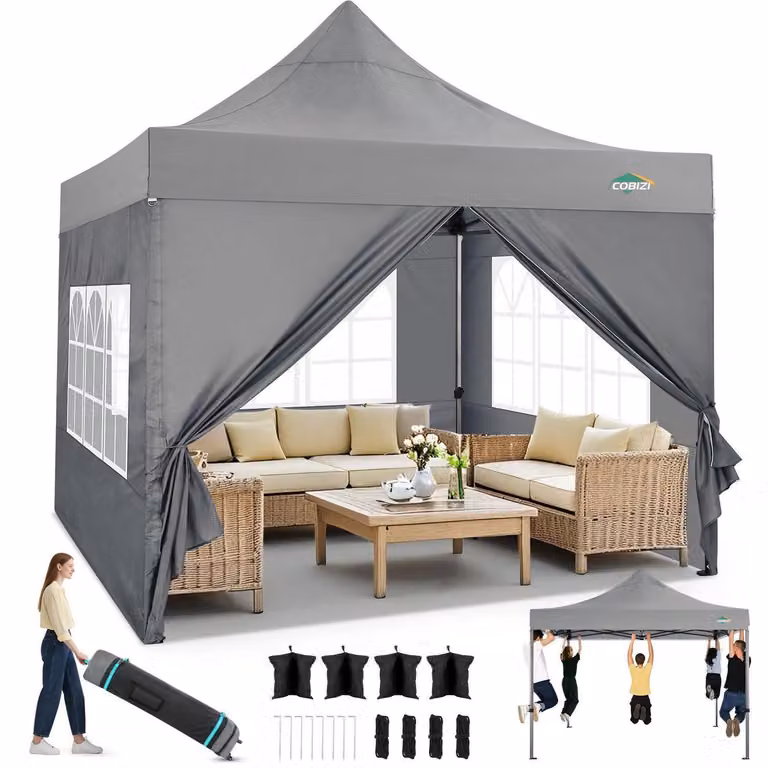 Gazebo da giardino pieghevole 3x3 metri, impermeabile, con pareti laterali grigie, ideale per l'inverno, completo di borsa per il trasporto