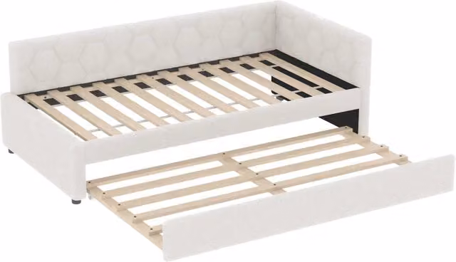 Letto singolo moderno in tessuto bouclé bianco con porta USB e mensola integrata, L/P/H: 90 x 200 x 105 cm