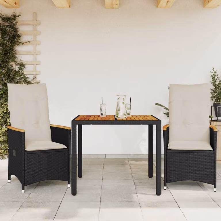 Set da Bistrò vidaXL 3 pz in Legno di Acacia Oliato e Polyrattan Nero e Bianco per Giardino e Terrazzo