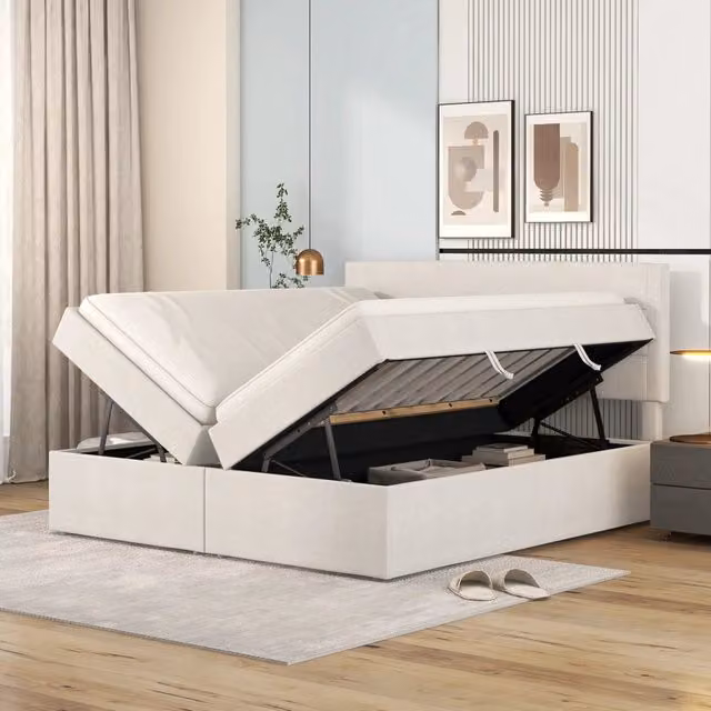 Letto Matrimoniale REDOM Beige con Contenitore e Rete Sollevabile L/P: 140 x 200 cm