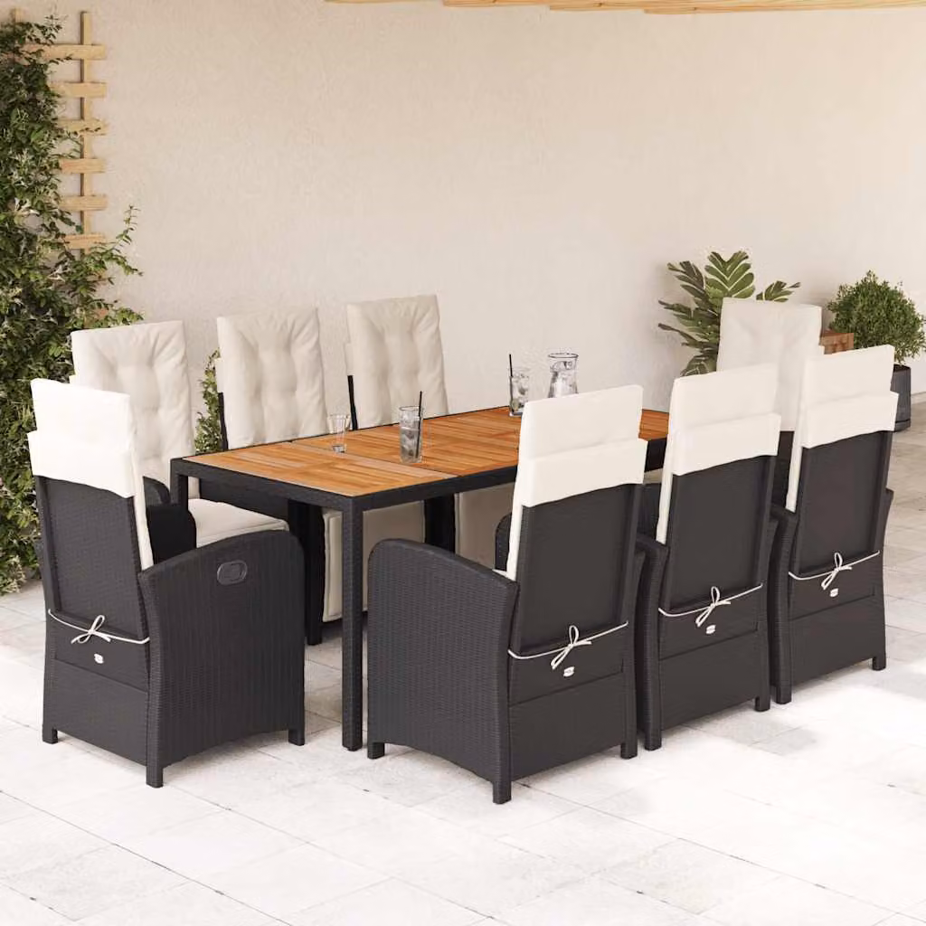 vidaXL Set da Pranzo da Giardino 9 pz in Polyrattan con Cuscini Nero e Bianco – 1