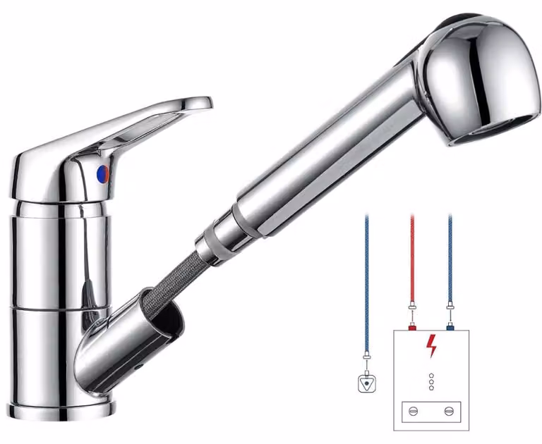 Schläfer - Miscelatore Lavello Cucina con Doccia Estraibile Bassa Pressione 5008014 per Boiler, Rubinetto in Ottone Serie Como Bocca Bassa Girevole 360° Professionale Cromo, adatto a Camper e Roulotte