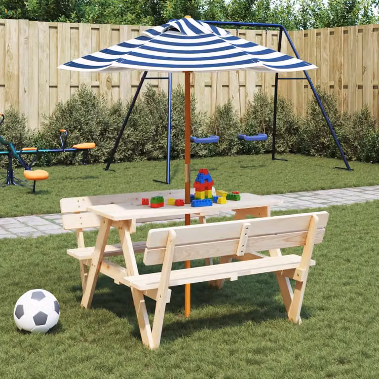 Ombrellone da Giardino per Bambini vidaXL con Palo in Legno e Tessuto in Poliestere, Blu e Bianco, L: 120 cm, P: 140 cm