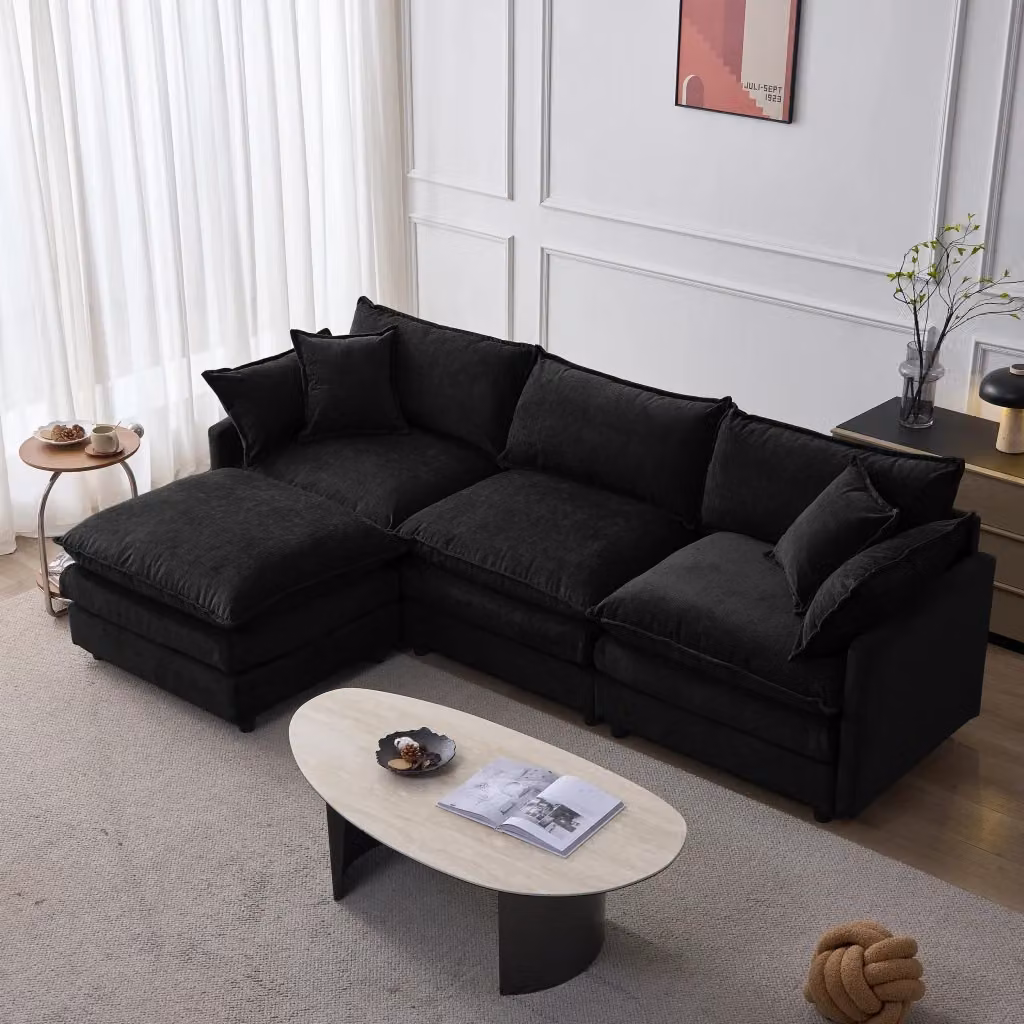 Divano angolare a 3 posti Mivray in velluto nero con pouf coordinato, rivestimento sfoderabile e reversibile per il tuo soggiorno – 2